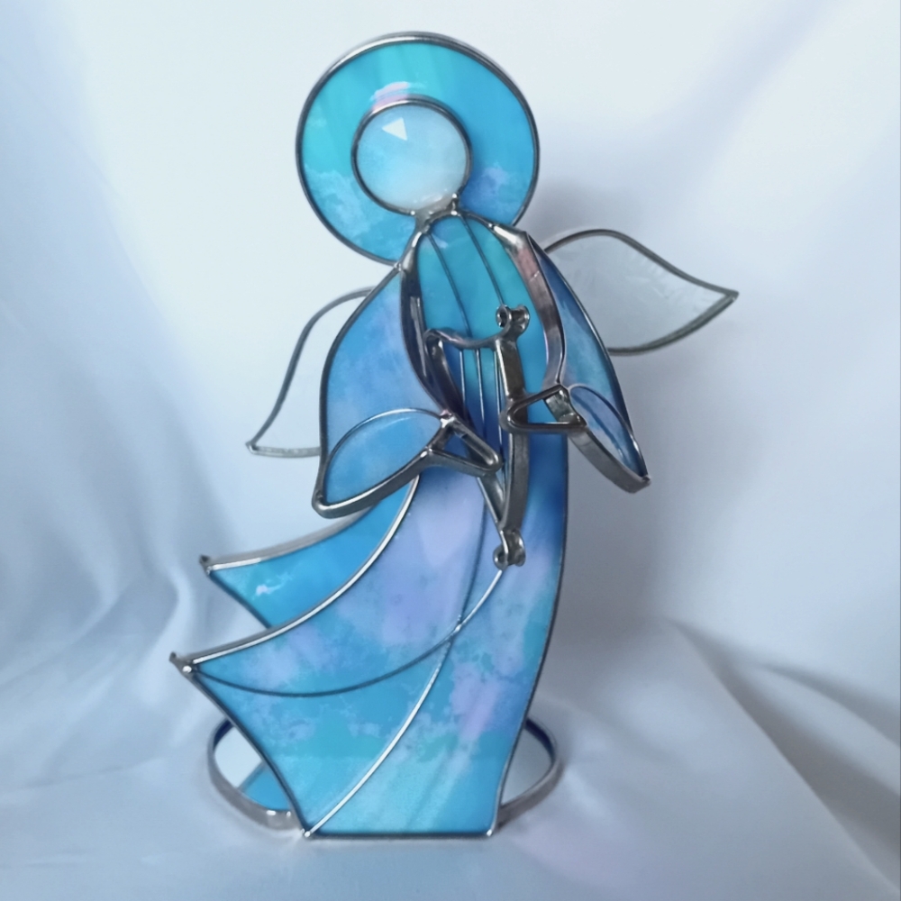 Irridescent Stained Glass Angel Playing A Harp Figurine Tealight Holder - Blue